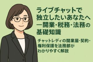 ライブチャットで独立を目指すチャットレディ向けに、開業・税務・法務の基礎知識を解説するコラムのアイキャッチ画像。淡いグリーン背景にミドルボブの女性法務部長がメタル眼鏡とブラックスーツ姿で左側に描かれている。