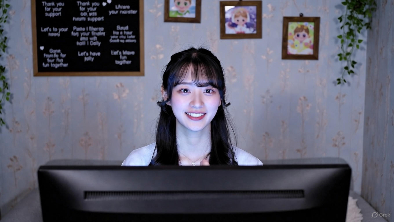 柔らかいソファに座り、デスクトップPCモニターに向かってポジティブに笑顔を浮かべる20代半ばのリアルな日本人女性ストリーマー。モニターの光が顔を優しく照らしている。背景は淡いブルー系の壁紙に、英語で書かれた黒板風ボード、木製フレームの可愛いイラスト、壁掛けの観葉植物が飾られた女の子らしい配信ルーム。チャットレディとして働くことで得られる前向きな変化を表現したイメージ。