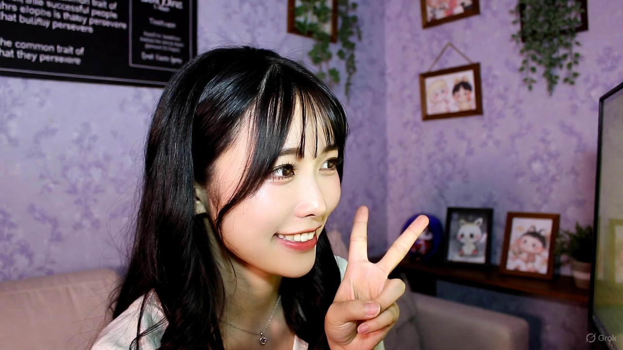 ラベンダー色の壁紙が優しい配信ルームで、柔らかいソファに座りデスクトップPCモニターに向かう20代半ばの日本人女性チャットレディ。横から見た構図で、穏やかな笑顔でVサインをし、継続の大切さを表現している。背景には英語表記の黒板風ボード、木製フレームの可愛いイラスト、壁掛け観葉植物が飾られ、モニターの光が優しく顔を照らす。チャットレディで成果を出す共通点は「続けた子」だけというメッセージを伝えるイメージ。