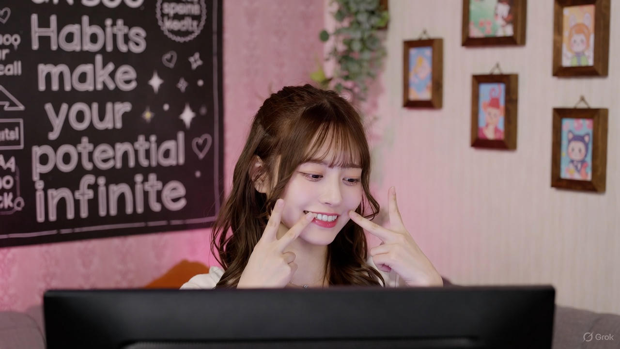 ピンクの可愛い配信ルームで柔らかいソファに座り、デスクトップPCモニターに向かう20代半ばの日本人女性チャットレディ。明るく笑顔で両手でピースサインをし、習慣化の力をアピール。背景に英語で「Habits make your potential infinite」と書かれた黒板風ボード、木製フレームの可愛いイラスト、壁掛け観葉植物が飾られ、モニター光で顔が輝く。チャットレディの習慣が可能性を無限に広げるイメージ。