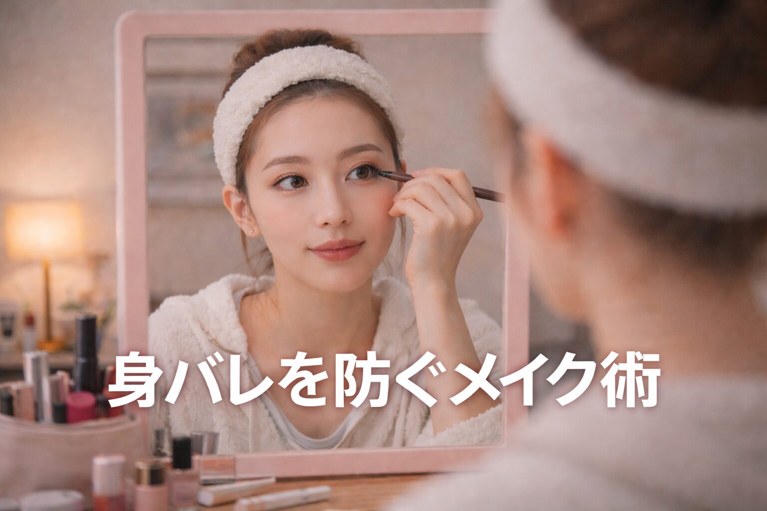 チャットレディが身バレを防ぐために、ヘアバンドで前髪を上げて印象操作メイクに取り掛かっている様子