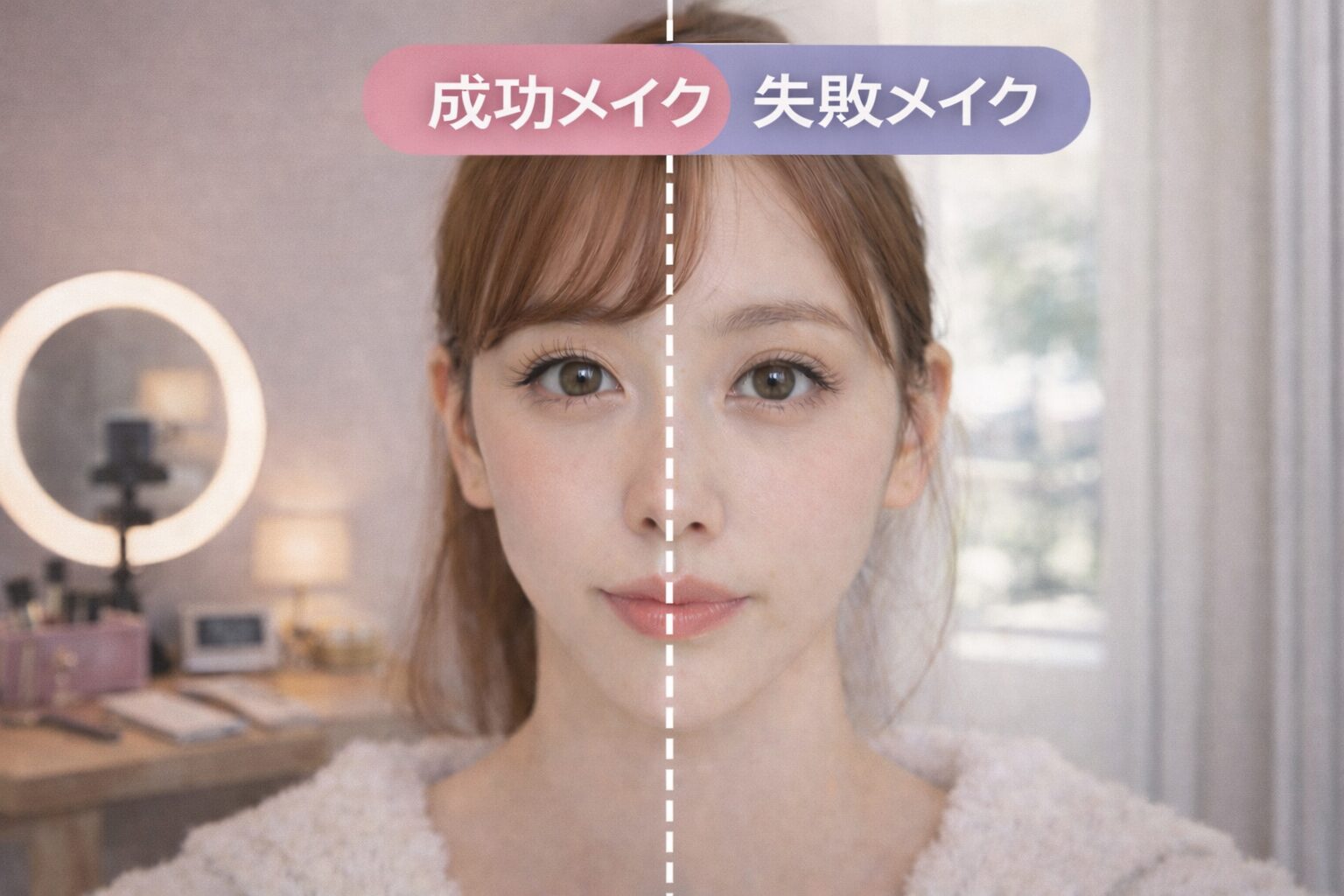 チャットレディの成功メイクと失敗メイクを左右で比較し、映え方の違いを示したメイク例
