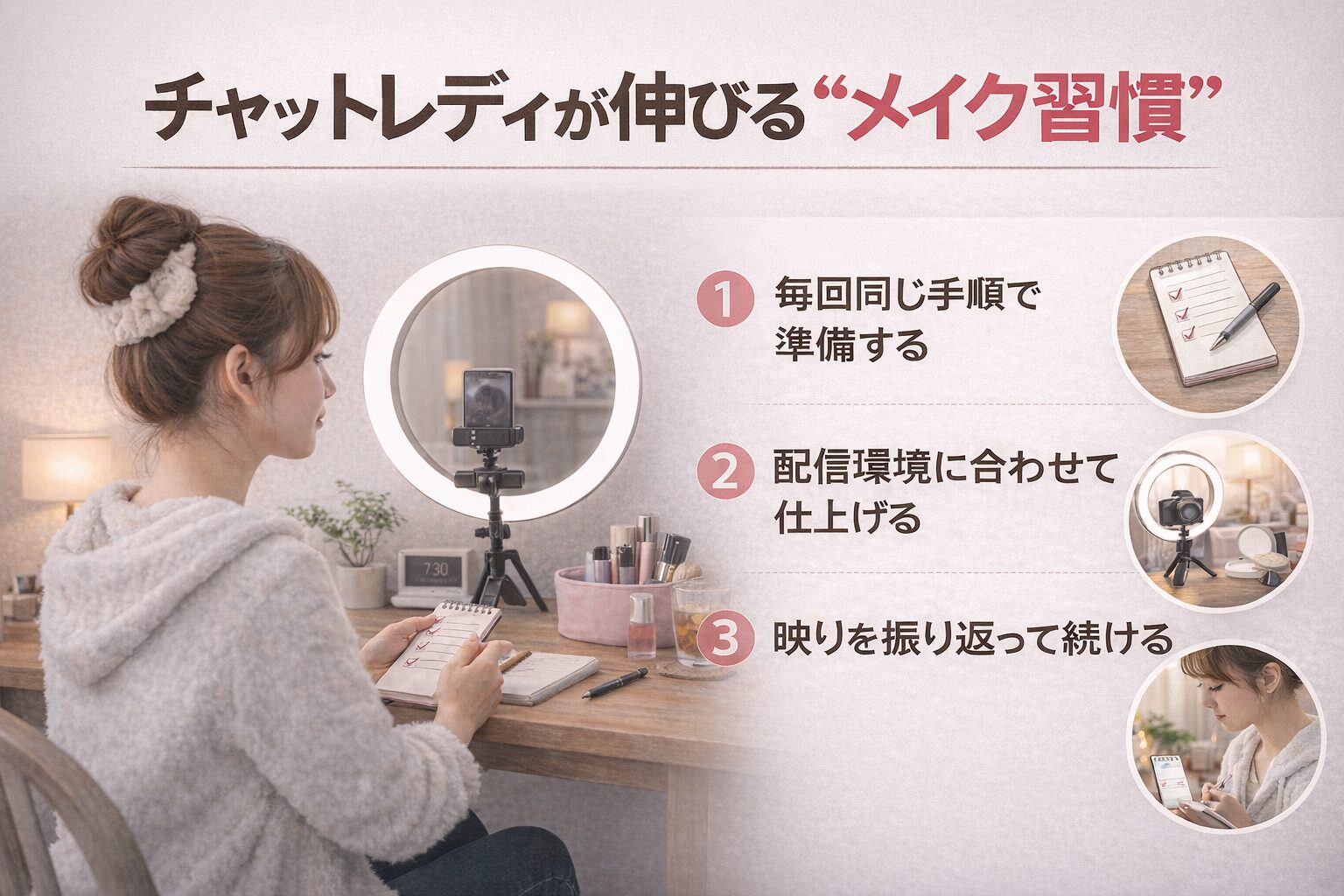 チャットレディが伸びるために実践する、毎回同じ手順・配信環境への最適化・映りの振り返りというメイク習慣

