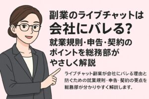副業のライブチャットが会社にバレるリスクと就業規則・申告・契約のポイントを解説するコラム用アイキャッチ画像。淡いピンク背景に、黒縁メガネとグレースーツ姿の女性総務部長が右側のタイトルを指さしているイラスト