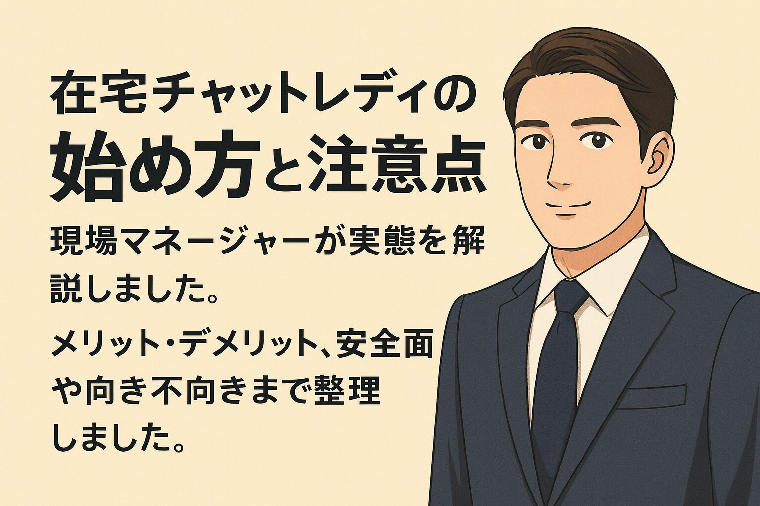 在宅チャットレディの始め方と注意点を解説するコラムのアイキャッチ画像。ネイビースーツ姿の現場マネージャーのイラストと、メリット・デメリットや安全面をまとめた見出しを配置。