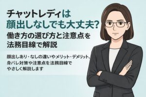 チャットレディは顔出しなしでも働けるのかを、法務部長の視点で安全性や注意点とあわせて解説するイラスト