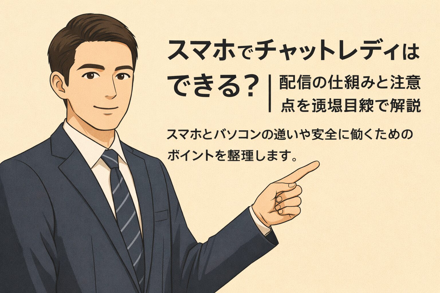 スマホでチャットレディはできるかを解説するコラムのアイキャッチ画像。ネイビースーツ姿の現場マネージャーが、スマホ配信の仕組みと注意点を示すタイトルを指さして説明しているイラスト。