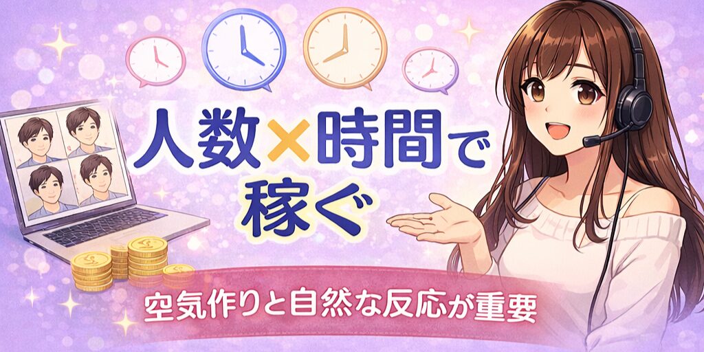 パーティチャットにおいて複数の男性と同時に会話し、人数と滞在時間を意識して効率よく報酬を伸ばす考え方を説明するイラスト