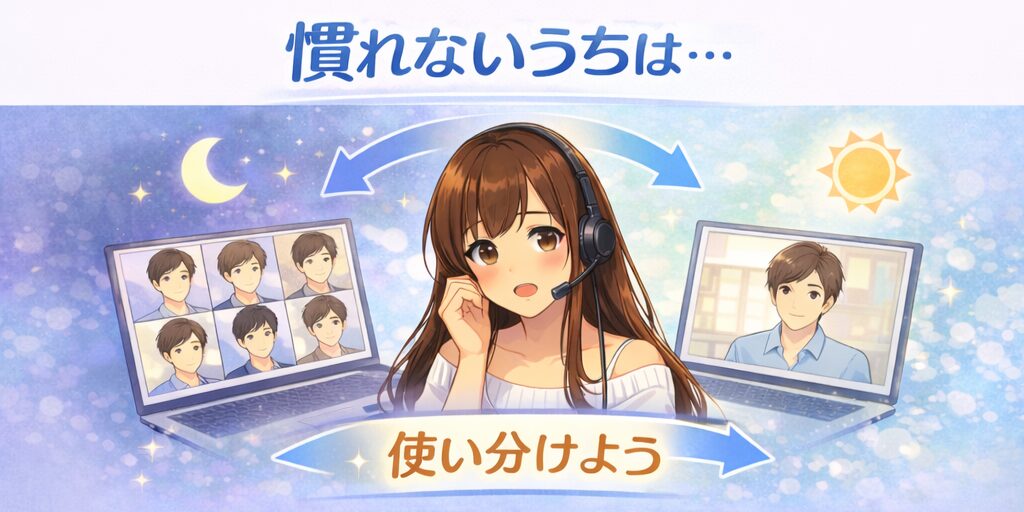 慣れないうちはツーショットとパーティチャットを状況に合わせて使い分ける考え方を示すイラスト。左は6人の分割画面、右は1人の画面で比較している