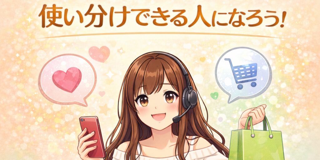 ツーショットとパーティチャットを状況に応じて使い分けられるチャットレディの姿を表したイラスト。仕事と選択を前向きに判断している様子が描かれている