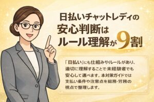 日払いチャットレディのルール理解が重要であることを解説する総務部長・佐々木のイラスト。日払い制度の仕組みや注意点を未経験者向けに分かりやすく伝えている。