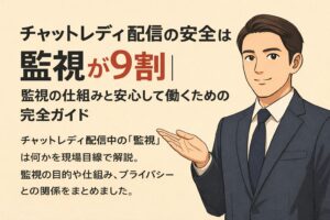 チャットレディ配信の安全は監視が重要であることを解説するコラムのアイキャッチ画像。ライバースタジオラビット本部スタジオマネージャーの沓月が、監視の仕組みと安心して働く方法を示すタイトルに手を添えて説明しているイラスト。