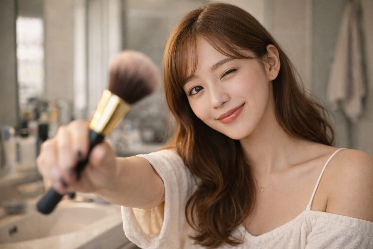 月収100万円を超える現役チャットレディが、稼げるメイクを伝授するためにメイクブラシを手に微笑む様子