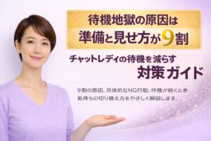 元チャットレディのサポートスタッフ都筑が、待機地獄の原因は準備と見せ方が9割であることを解説するチャットレディ向け対策ガイドのアイキャッチ画像